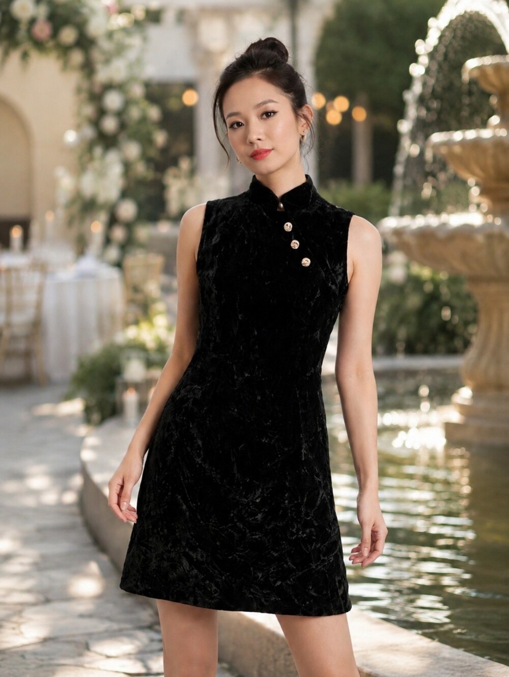 1960s Vintage Black Crushed Velvet Mini Dress Mandarin Collar Rhinestone